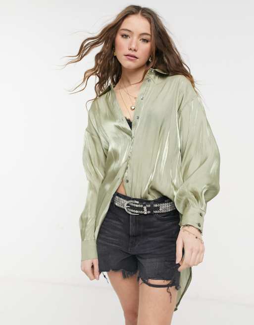 Topshop – Szarozielona atłasowa koszula o kroju oversize