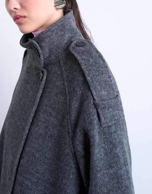 Topshop – Szary długi płaszcz z wysokim kołnierzem, 4 z 4