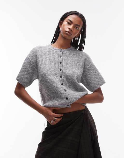 Topshop – Szary dzianinowy kardigan z rękawami do łokci