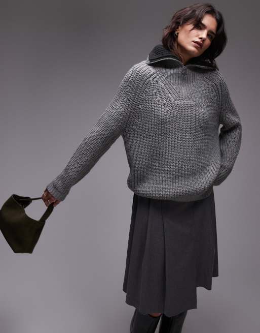 Topshop – Szary dzianinowy sweter z kołnierzem i suwakiem pod szyją