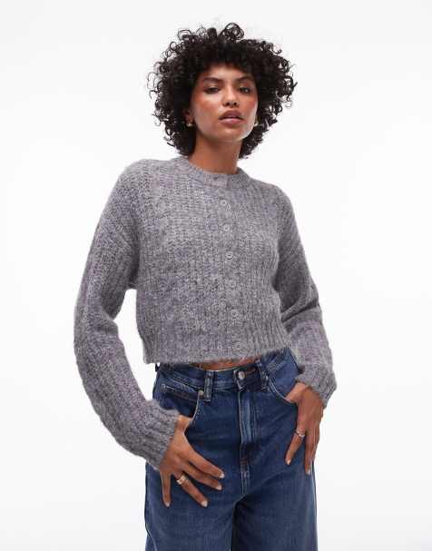 Topshop – Szary krótki kardigan z puszystej dzianiny o warkoczowym splocie - view 1