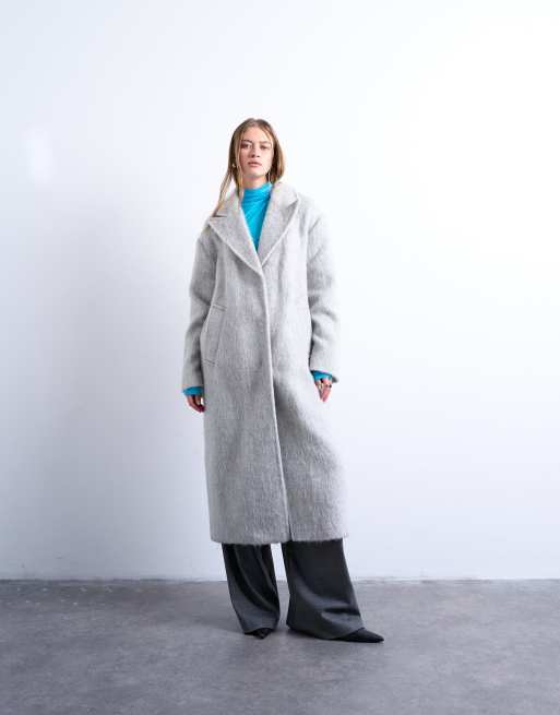 Topshop – Szary melanżowy płaszcz z obniżoną linią ramion ze szczotkowanego materiału z domieszką wełny bez podszewki