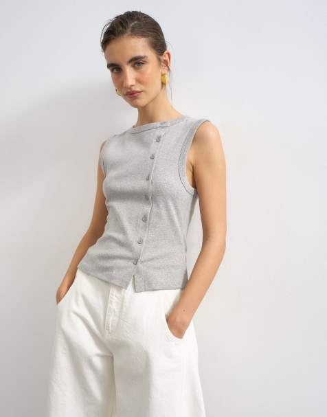 Topshop – Szary melanżowy prążkowany podkoszulek z guzikami - view 1