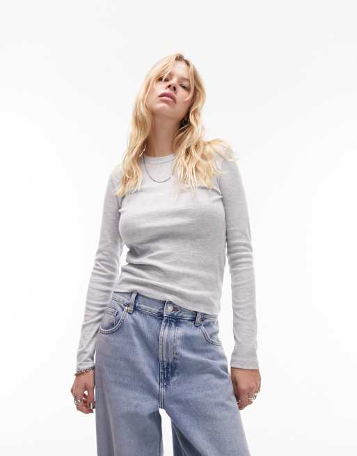Topshop – Szary melanżowy top o dopasowanym kroju z długimi rękawami
