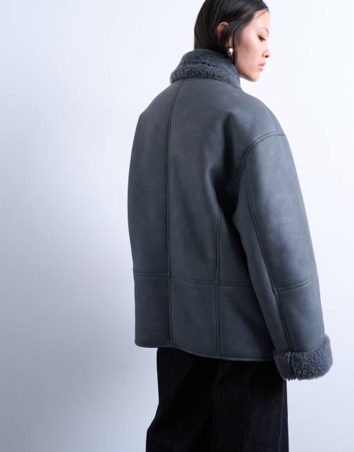 Topshop – Szary płaszcz super oversize z imitacji skóry owczej, 4 z 4
