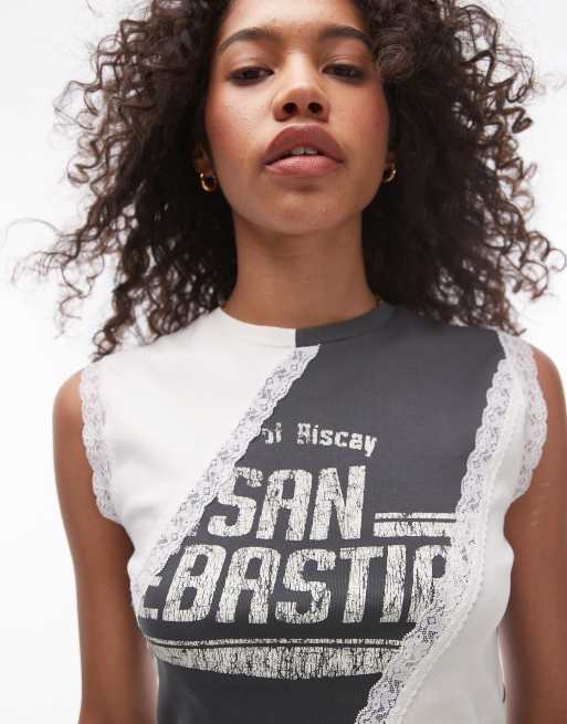 Topshop – Szary podkoszulek z grafiką z napisem „San Sebastian” i koronką