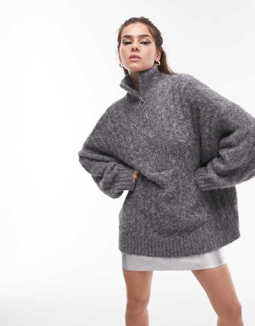 Topshop – Szary sweter z puszystej dzianiny o warkoczowym splocie z suwakiem pod szyją