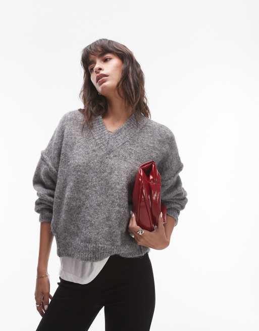 Topshop – Szary sweter z puszystej dzianiny z płytkim dekoltem w szpic