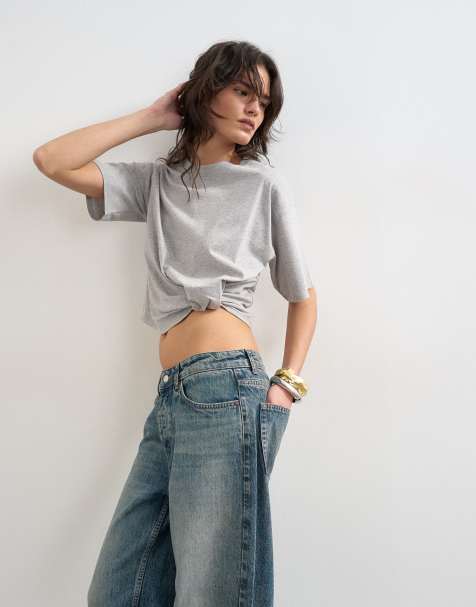 Topshop – Szary T-shirt o pudełkowym kroju z zaszewką u dołu - view 1