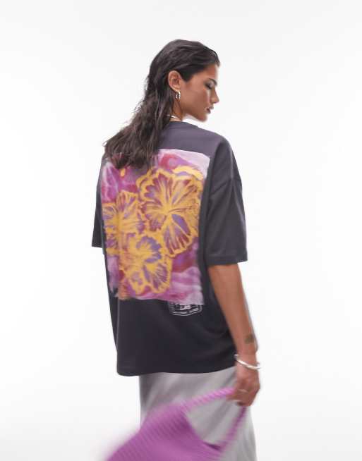 Topshop – Szary T-shirt oversize z grafiką kwiatową