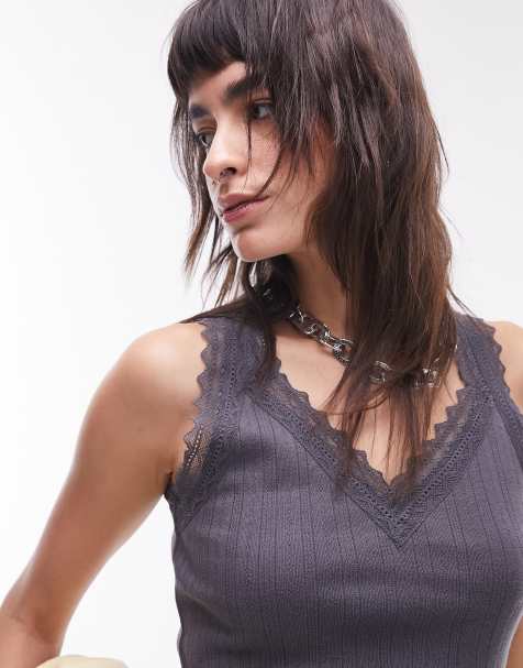 Topshop – Szary top na ramiączkach z dzianiny pointelle z dekoltem w szpic i koronkowym wykończeniem - view 1
