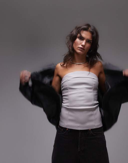 Topshop – Szary top z dekoltem bandeau z imitacji skóry