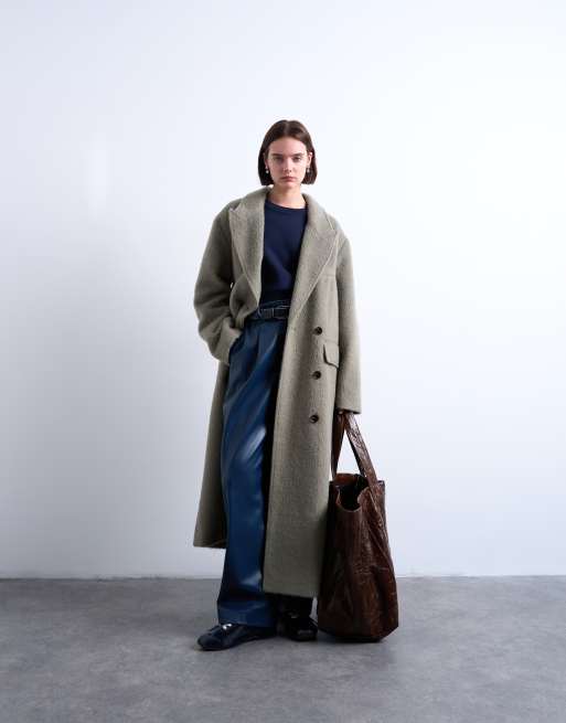 Topshop – Szałwiowy szczotkowany płaszcz z trzema guzikami z domieszką wełny