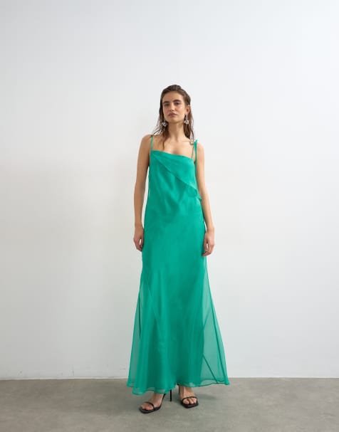 Topshop – Szmaragdowa sukienka maxi z organzy z wywiniętym detalem na biuście - view 1