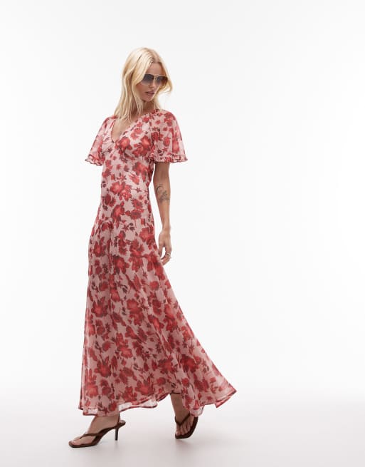 Topshop – Szyfonowa sukienka maxi z rozkloszowanymi rękawami w kwiatowy wzór