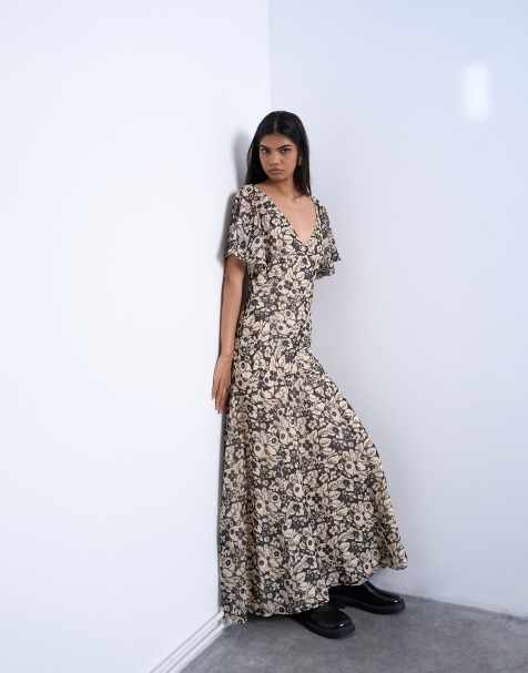 Topshop – Szyfonowa sukienka maxi z rozkloszowanymi rękawami w kwiatowy wzór - view 1