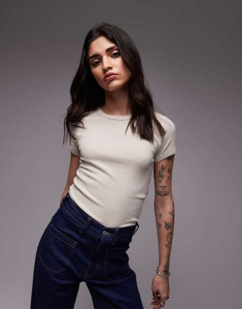 Topshop - T-shirt a coste ampie color pietra - view 1
