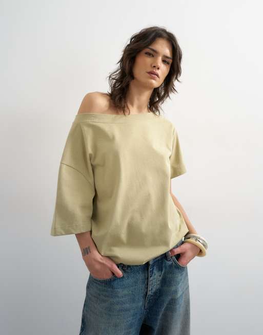 Topshop - T-shirt à épaule tombante - Kaki, 3 de 4