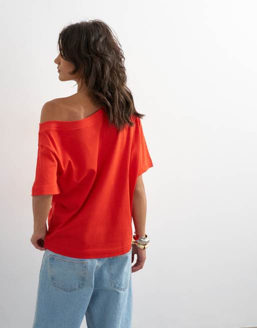 Topshop - T-shirt à épaule tombante - Rouge, 3 de 4