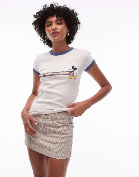 Topshop - T-shirt à liserés contrastants et rayures rétro avec imprimé Disney sous licence - Noir et blanc - view 1