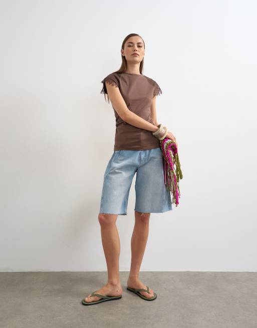 Topshop - T-shirt à mancherons avec détails en dentelle - Chocolat, 2 de 4