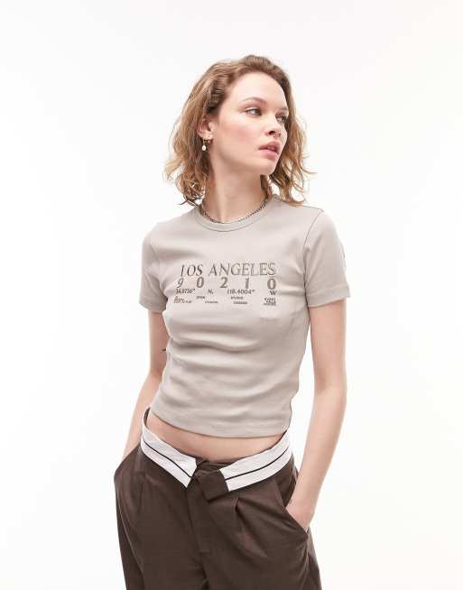 Topshop - T-shirt à manches courtes et motif Los Angeles brodé - Taupe
