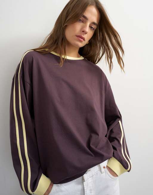 Topshop t-shirt à manches longues patineuse à rayures couleur chocolat, 2 de 4