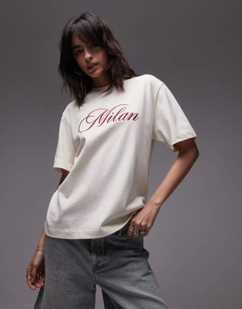 Topshop - T-shirt a maniche corte color latticello premium con ricamo "Milan" - view 1