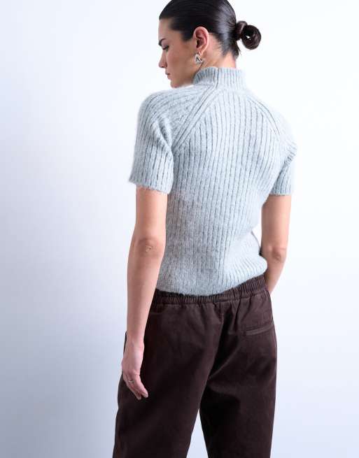 Topshop - T-shirt a maniche corte in maglia grigio chiaro a coste , 2 di 4