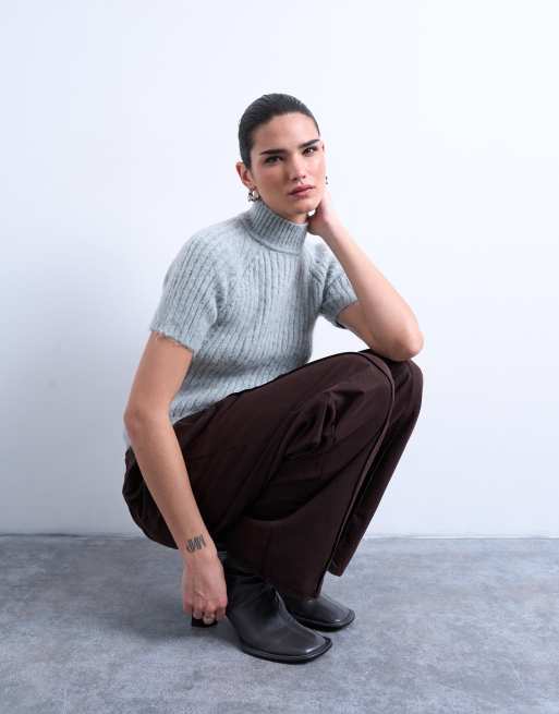 Topshop - T-shirt a maniche corte in maglia grigio chiaro a coste , 4 di 4