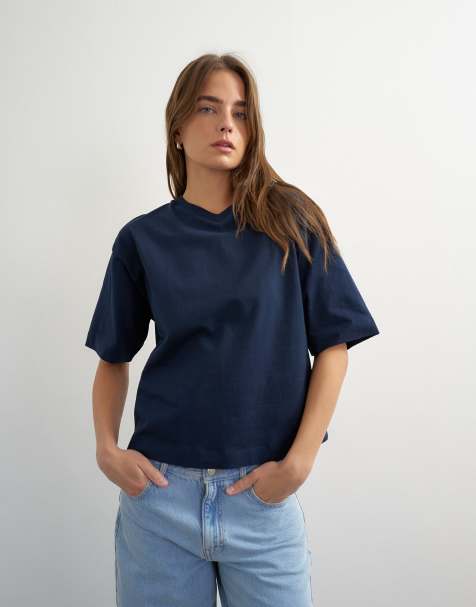 Topshop T-shirt a maniche corte micro V in blu navy - view 1