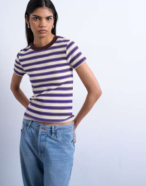 Topshop - T-shirt a maniche corte viola a righe a coste - view 1