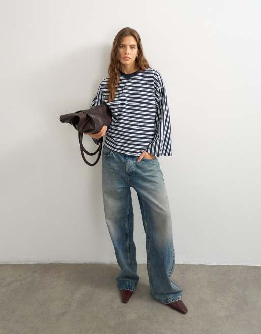 Topshop T-shirt a maniche lunghe a righe blu navy con maniche a pipistrello, 2 di 4