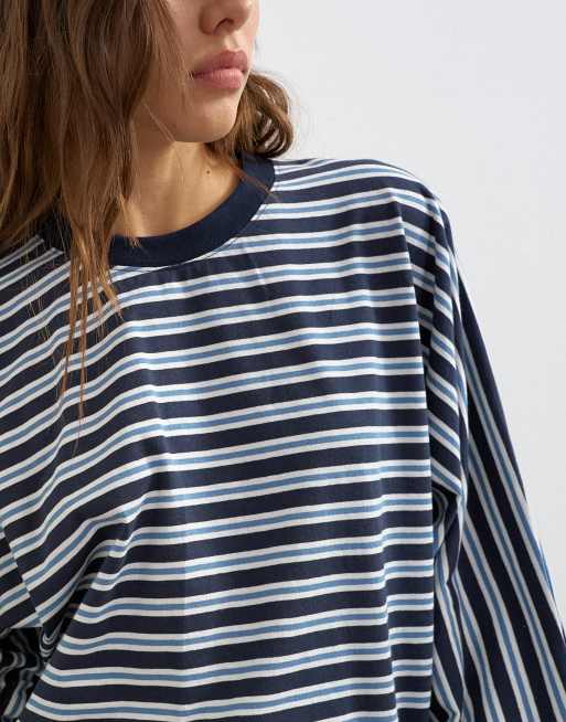 Topshop T-shirt a maniche lunghe a righe blu navy con maniche a pipistrello, 3 di 4