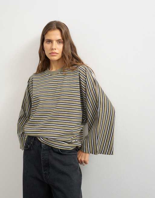 Topshop T-shirt a maniche lunghe a righe con maniche ad ali di pipistrello, khaki, 3 di 4