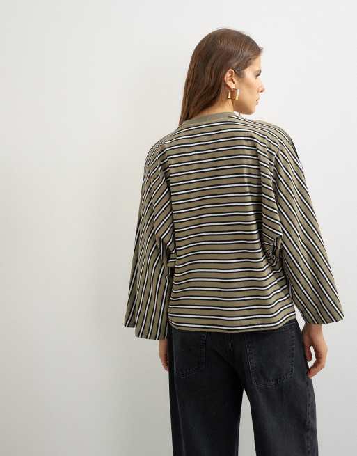 Topshop T-shirt a maniche lunghe a righe con maniche ad ali di pipistrello, khaki, 4 di 4