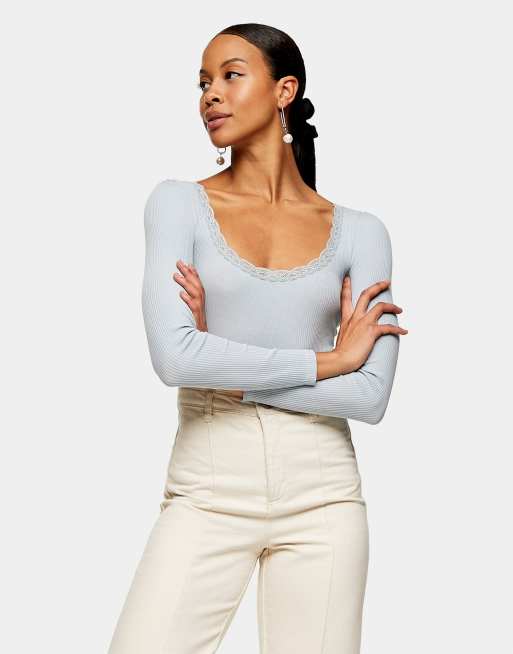 Topshop - T-shirt a maniche lunghe blu con finiture in pizzo