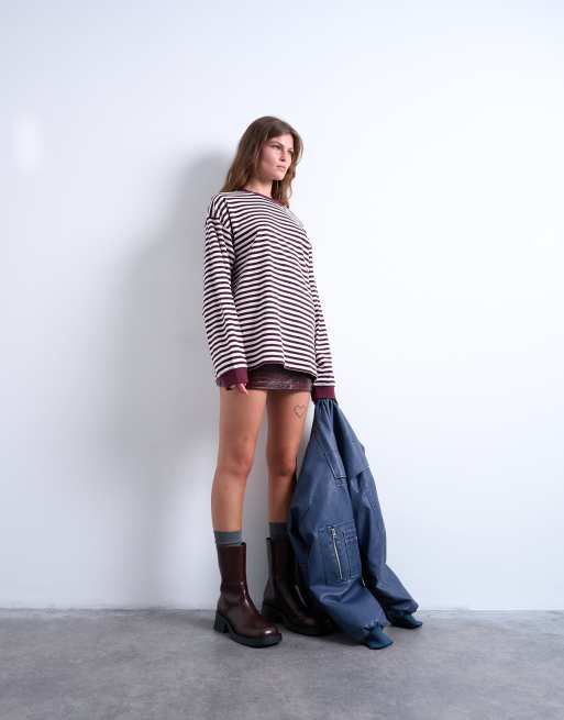 Topshop - T-shirt a maniche lunghe extra larga stile skater bordeaux a righe, 2 di 4