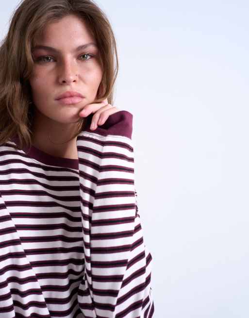 Topshop - T-shirt a maniche lunghe extra larga stile skater bordeaux a righe, 4 di 4