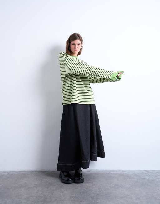 Topshop - T-shirt a maniche lunghe extra larga stile skater verde a righe, 2 di 4