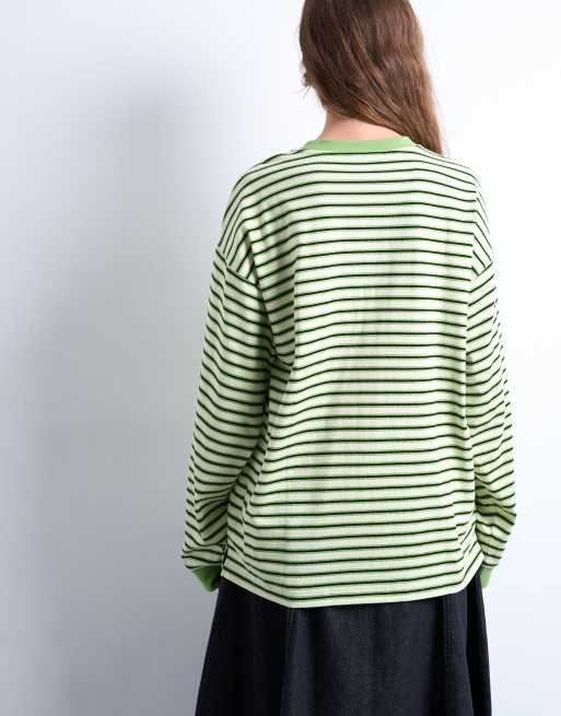 Topshop - T-shirt a maniche lunghe extra larga stile skater verde a righe, 3 di 4
