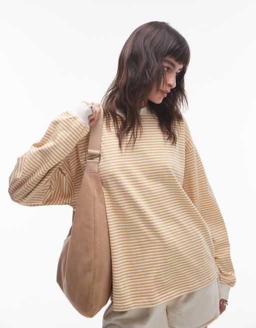 Topshop - T-shirt a maniche lunghe girocollo color senape a righe extra larga