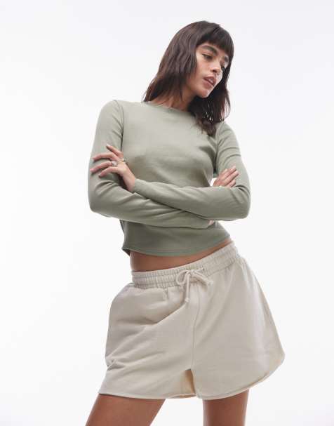 Topshop - T-shirt a maniche lunghe kaki tenue a coste con fondo arrotondato - view 1