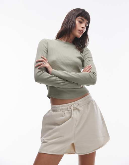 Topshop - T-shirt a maniche lunghe kaki tenue a coste con fondo arrotondato