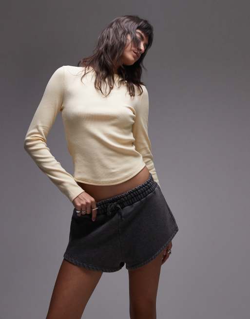 Topshop - T-shirt a maniche lunghe limone slavato a coste con fondo arrotondato
