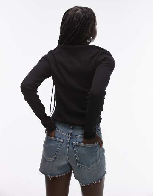 Topshop - T-shirt a maniche lunghe nera a coste con fondo arrotondato, 4 di 4