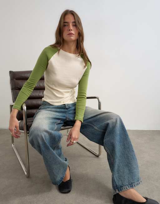 Topshop t-shirt a maniche lunghe raglan color block verde, 2 di 4