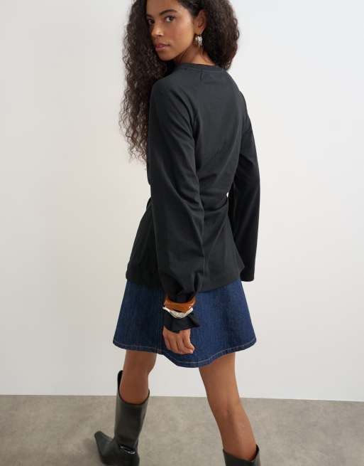 Topshop t-shirt a maniche lunghe raglan con vita stretta nera, 2 di 4