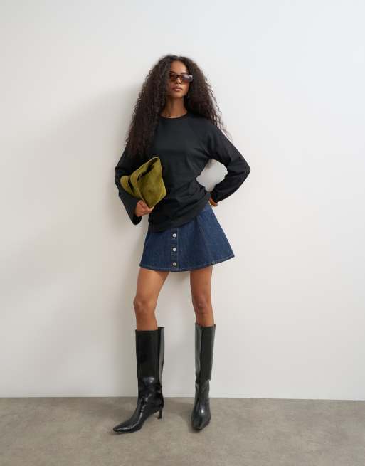 Topshop t-shirt a maniche lunghe raglan con vita stretta nera, 3 di 4