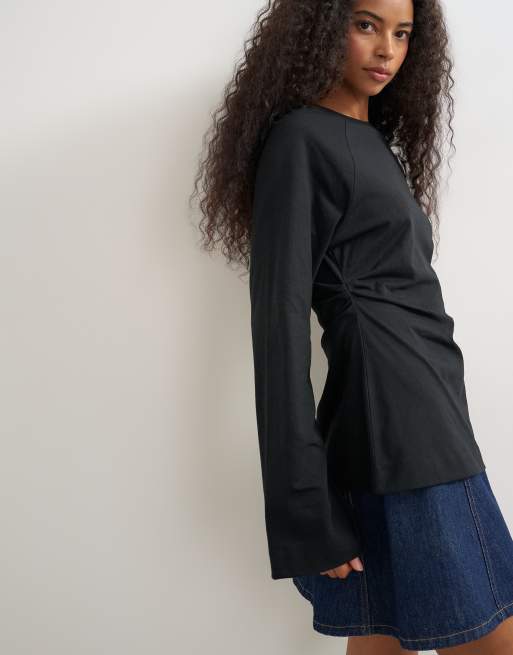 Topshop t-shirt a maniche lunghe raglan con vita stretta nera, 4 di 4